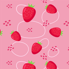 Strawberry seamless pattern with different shapes on pink isolated background. Fabric, textile, print. Vector 8 eps