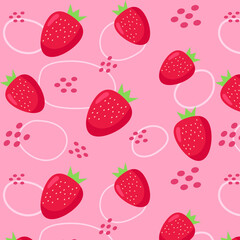 Strawberry seamless pattern with different shapes on pink isolated background. Fabric, textile, print. Vector 8 eps