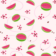 Seamless pattern with watermelon sliced and different shapes on pink isolated background