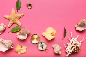 Seashells and flowers on a bright background