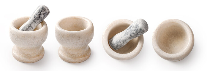 White marble mortar isolated. Set of empty marble mortars on white background.