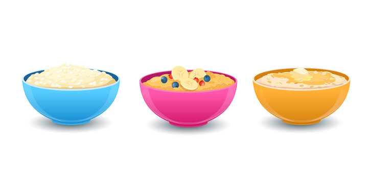 Oatmeal, millet and rice porridge. Sweet  porridges with various toppings, berries, butter and honey in bowls. Healthy food concept. Vector illustration  