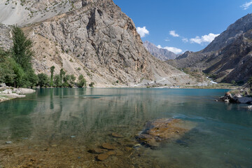 Scenic mountain landscape at Khurdak lake in Marguzor seven lakes area, Shing river valley, near Penjikent or Panjakent, Sughd, Tajikistan