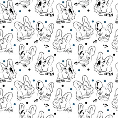 Seamless vector pattern in linear style of dogs, french bulldog, peas for different childrens design.