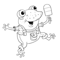 A cute frog at party. Coloring page. Illustration for children. Cute and funny cartoon characters isolated on white background