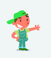  Pleased cartoon character of little boy on jeans points to something.