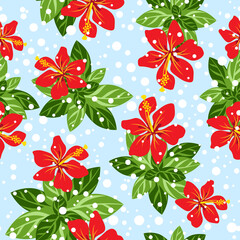 Materiał do szycia Red hibiscus flower, green leaves and falling snow on light blue background. Cute winter seamless pattern. Flat style.