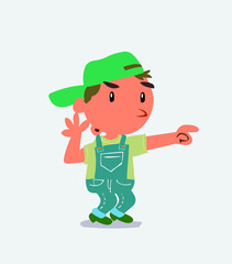  Surprised cartoon character of little boy on jeans points to something.