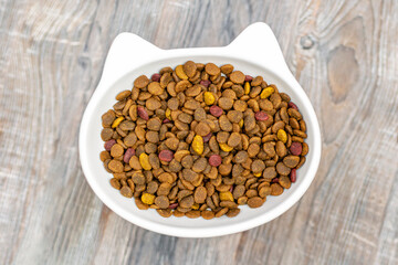 Cats head shaped bowl is filled with dry food on the wooden table top. Pet healthy diet, time to eat, choice of feline feed, balanced nutrition and healthcare of adult or senior cat and young kitten.