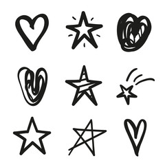 Hand drawn black hearts and stars on isolated white background. Freehand art. Black and white illustration