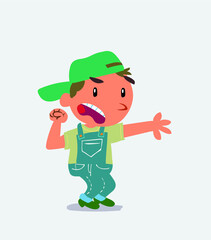  Very angry cartoon character of little boy on jeans pointing at something.