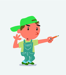  cartoon character of little boy on jeans doubts while pointing to the side with a pencil.