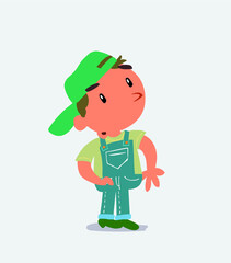  cartoon character of little boy on jeans looks with doubt and somewhat surprised.