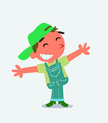  cartoon character of little boy on jeans opening arms very happy.