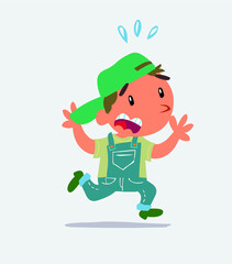  cartoon character of little boy on jeans runs away in terror.