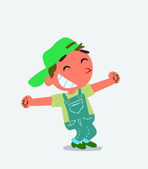  Euphoric little boy on jeans in funny cartoon character.