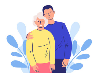 Attention to the desired person. Happy adult son hugs an old mother, feeling love for each other. grandson hugs grandmother.