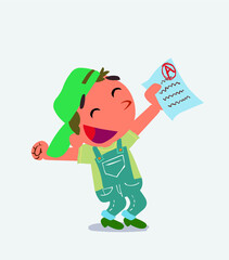  euphoric cartoon character of little boy on jeans raises his arms with exam in hand.