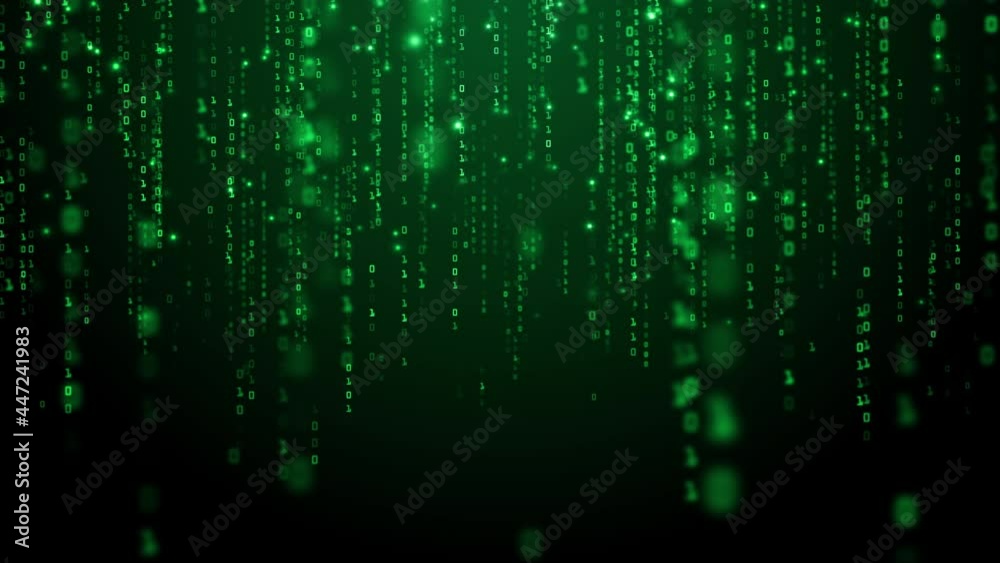 Poster Technology digital matrix background concept, Binary code black and green background with digits moving on screen. Seamless Loop 4K