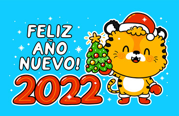Fototapeta premium Cute funny 2022 New Year symbol tiger in christmas cap character. Feliz ano nuevo (Happy new year on spanish). Vector cartoon kawaii character illustration icon. Tiger symbol of 2022 character concept