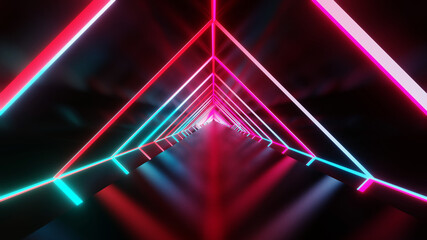 3d illustration of Abstract geometric background, fluorescent ultraviolet light, glowing neon tunnel, modern colorful illumination, 3d render