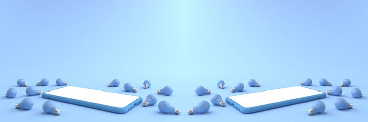 3D rendering of Smartphone white screen surrounded by Many blue light bulbs. Concept of money and Business on mobile, concept Online and Minimal, Creative ideas on phone, isolated on blue background.