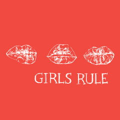 Hand drawing vector art of girls lips. White grafic on red background