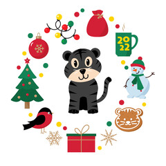 2020 New Year Card. Year of the rat, Year of the mouse. Vector illustration. Mouse, cow, tiger, dragon, snake, horse, sheep, monkey, rooster, dog, wild boar: Chinese character translation