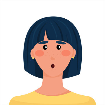 surprised girl portrait. avatar of  woman. cartoon character. brunette with square haircut. Vector illustration, flat