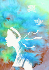 Painting for the interior. Decorative painting. Abstraction. Female profile on a bright watercolor background.
