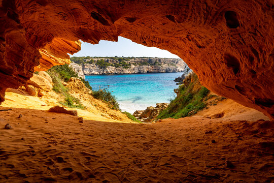 Beautiful view of the coast next to calo des moro beach, mallorca spain on a summer sunny day