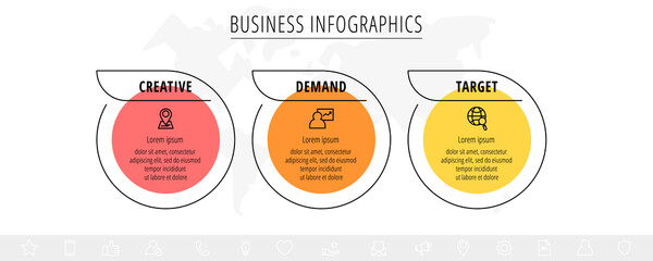 Line vector minimal infographic with three circles. Modern timeline business concept with 3 steps by step for diagram, chart, flowchart, levels, graphic, app, web
