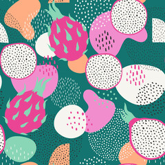 Seamless pattern with abstract ornament, dots and dragon fruits