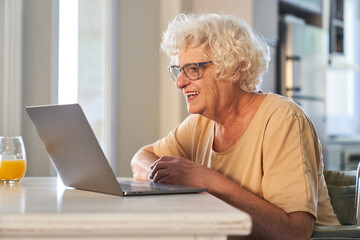 Happy elderly woman on laptop computer during video call