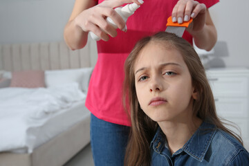 Mother using nit comb and spray on daughter's hair at home. Anti lice treatment - obrazy, fototapety, plakaty