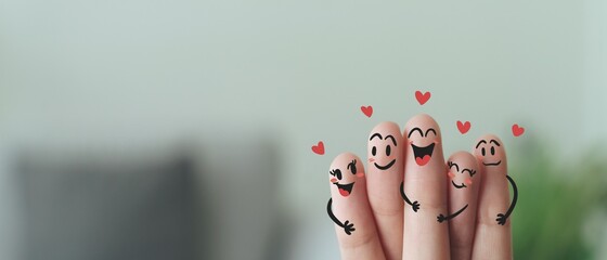 Closeup of Fingers With Happy Smiling Face, Friendship, Family, Group, Teamwork, Community, Unity, Love Concept. - obrazy, fototapety, plakaty