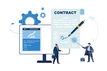 Vector illustration, blue design. Creative teamwork. People work, build a business contract on a website on the Internet. The monitor screen is a construction site. Collective performance of tasks