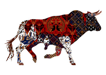Bull with Spanish patterns on a white background - 447248347