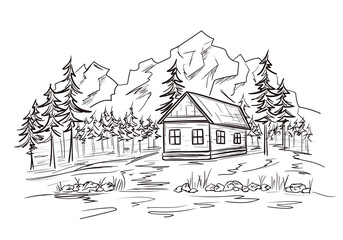 Fototapeta premium Mountain landscape with wood cabin in line sketch style. House on the river bank in a pine forest. Tourism, outdoor recreation by the lake. Isolated vector illustration