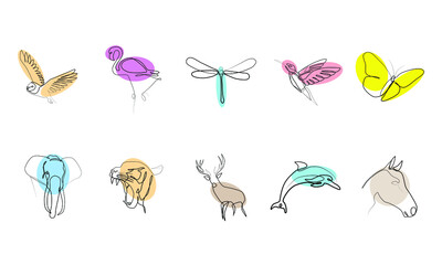 One line graphic set. Collection of birds, animals, insects in modern simple linear style. Tattoo ideas.