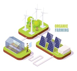 Organic farm. Isometric greenhouse, wind turbines, solar panels. Glasshouse using clean alternative energy, vector.