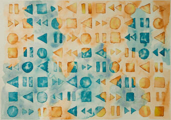 Media control symbols in teal and orange soft watercolour painted pattern.  Original painting on textured watercolour paper