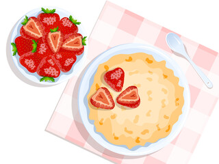 Bowl with oat porridge and bowl with strawberries, spoon near. Breakfast, healthy food, dieting concept. Isolated vector illustration for flyer, poster, banner.