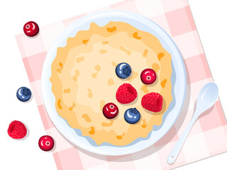 Bowl with oat porridge and berries, spoon near. Raspberry and blueberry. Breakfast, healthy food, dieting concept. Isolated vector illustration for flyer, poster, banner.