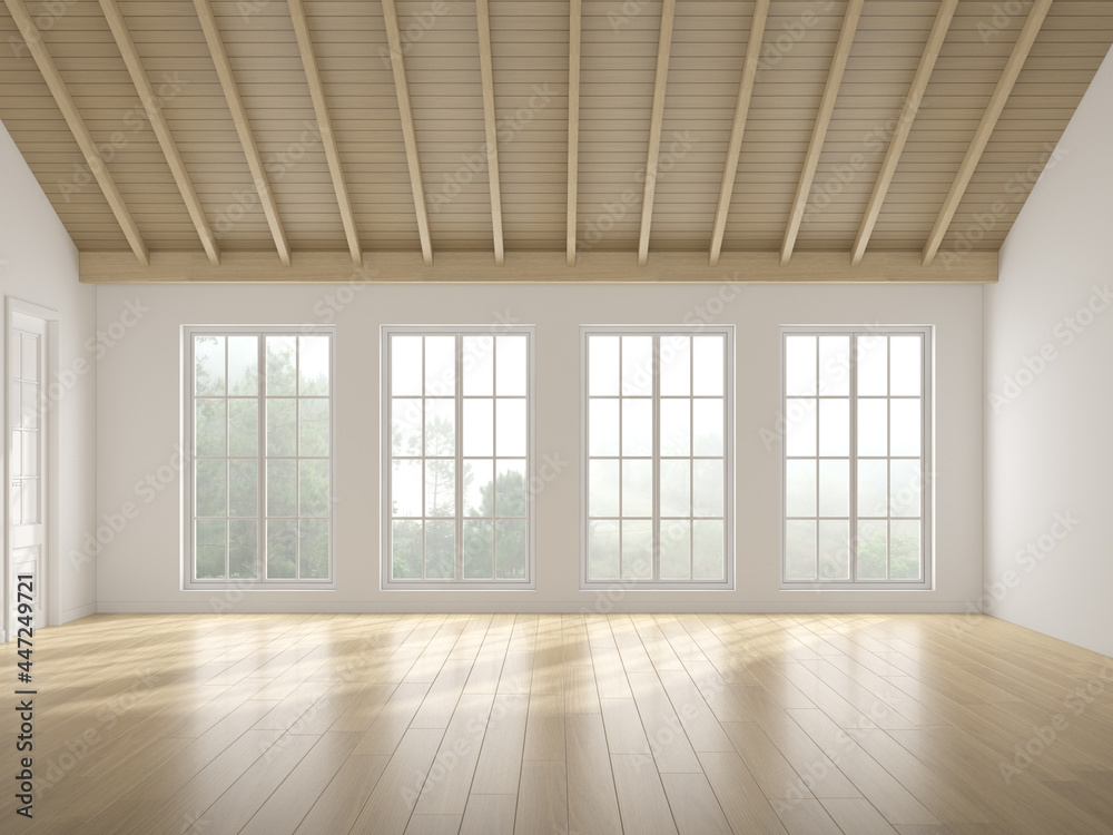 Poster 3d rendering of white empty room with wooden floor and sun light cast shadow on the wall. windows an