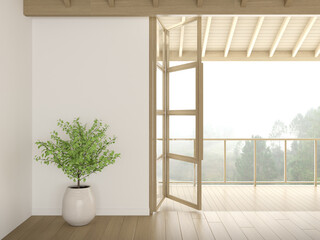 3d render of empty room with white wall and vase of plant on wooden laminate floor.