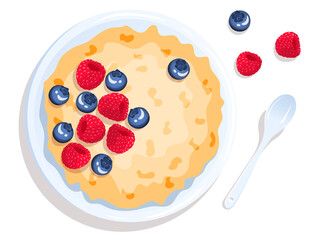 Bowl with oat porridge and berries, spoon near. Raspberry and blueberry. Breakfast, healthy food, dieting concept. Isolated vector illustration for flyer, poster, banner.