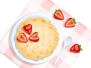 Bowl with oat porridge and strawberries, spoon near. Breakfast, healthy food, dieting concept. Isolated vector illustration for flyer, poster, banner.