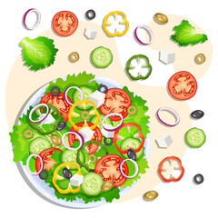 Fresh vegetable salad. Vegetables, healthy eating, dieting concept. Isolated vector illustration for banner, poster, flyer.