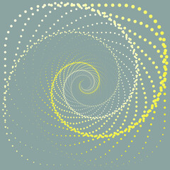 Spiral of random sizes dots in yellow hews on fashionable gray background. Pop art style. Abstract halftone composition can be used for landing pages, posters, brochures, flyers, banners, promotions.